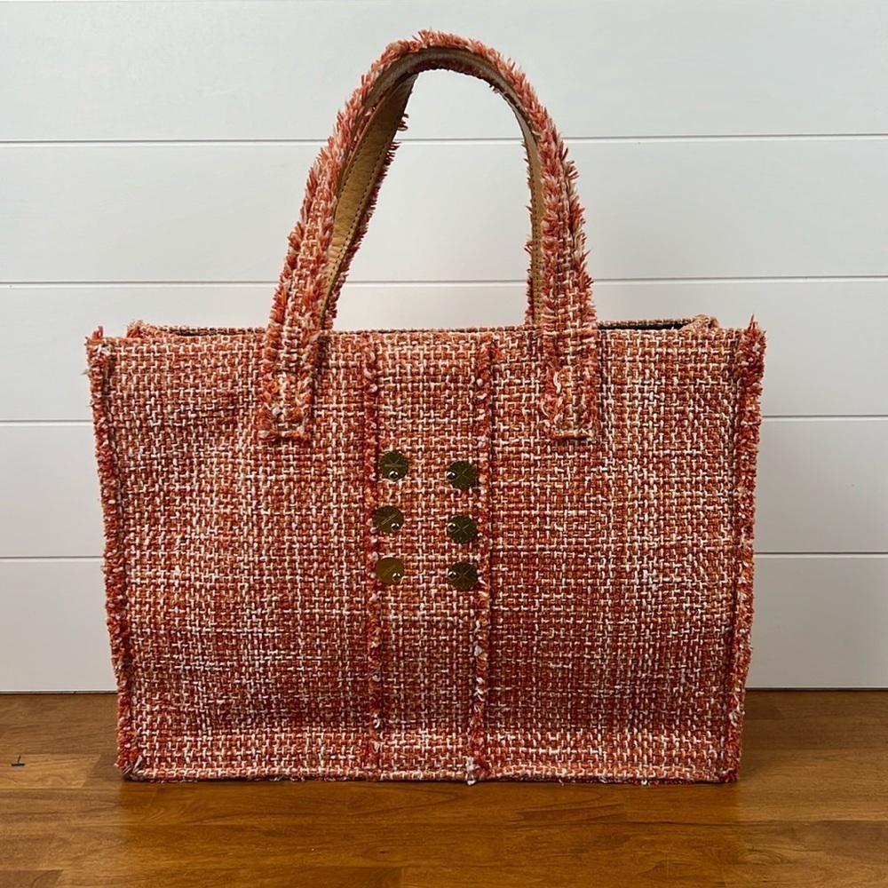 Kooreloo tweed large tote in orange leather handles shoulder bag gold buttons